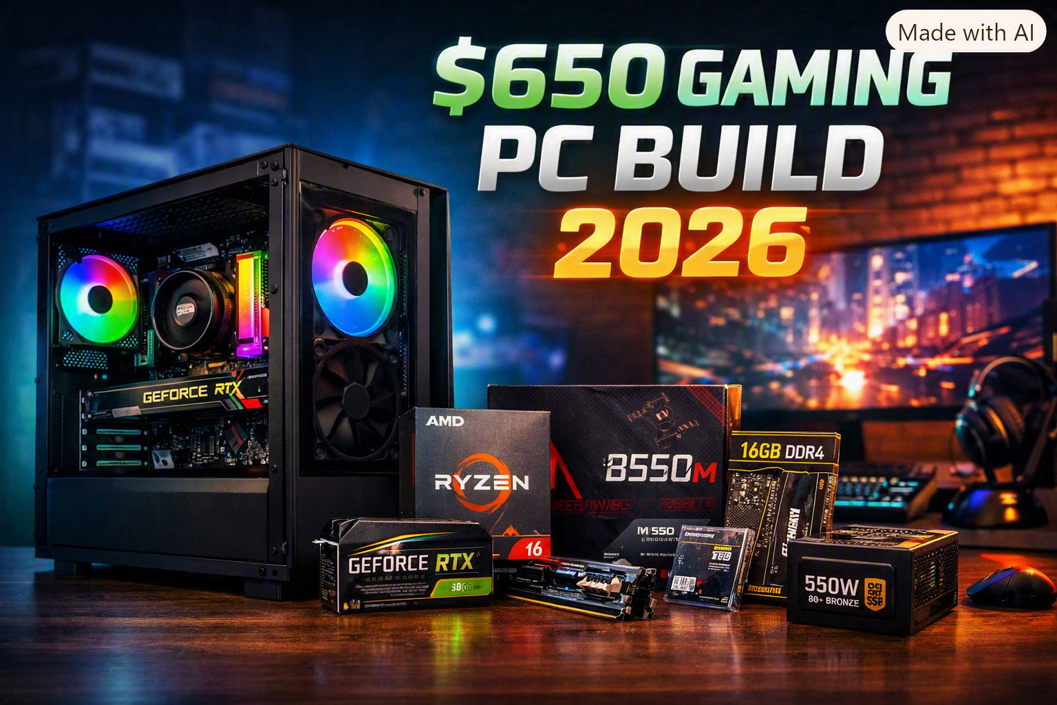 $650 Gaming PC Build 2026 budget setup with components and RGB gaming PC case.