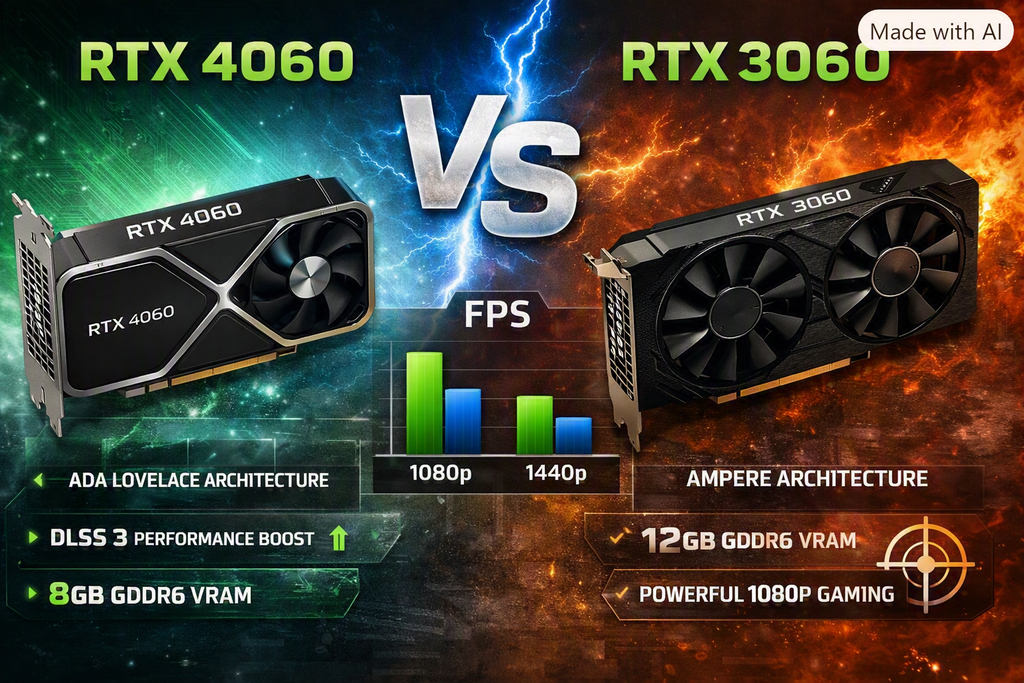 RTX 4060 vs RTX 3060 comparison infographic showing GPU designs, specs, and performance benchmarks for 1080p and 1440p gaming.