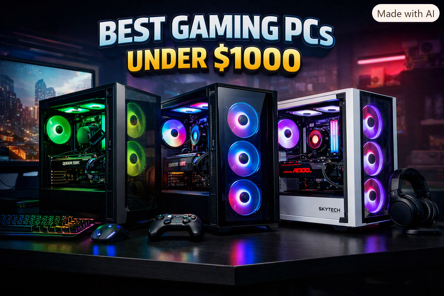 Comparison of the best gaming PCs under $1000 in 2026 showing Skytech Nebula, CyberPowerPC Gamer Master, and iBUYPOWER Trace Mesh with specs, prices, and benchmark results.